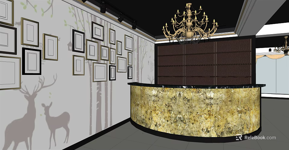 Elegant Beauty Salon Interior With Picture Frames Deer Silhouette Tree Patterns Marble Reception Counter And Chandelier 3d model 