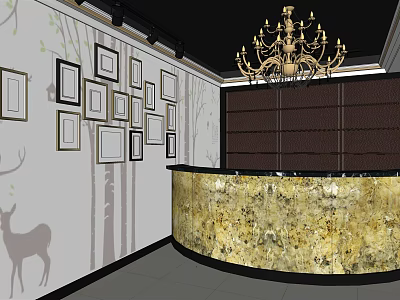 Elegant Beauty Salon Interior With Picture Frames Deer Silhouette Tree Patterns Marble Reception Counter And Chandelier 3d model