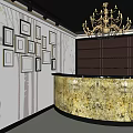 Elegant Beauty Salon Interior With Picture Frames Deer Silhouette Tree Patterns Marble Reception Counter And Chandelier