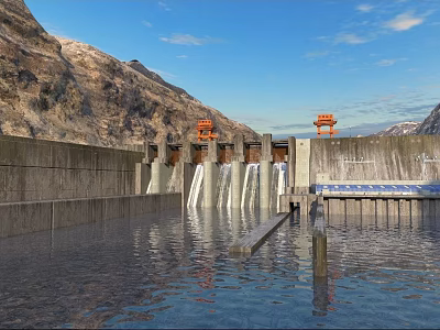 Large Industrial Plant Dam Structure With Water Flow And Orange Equipment Against Mountain Landscape 3d model