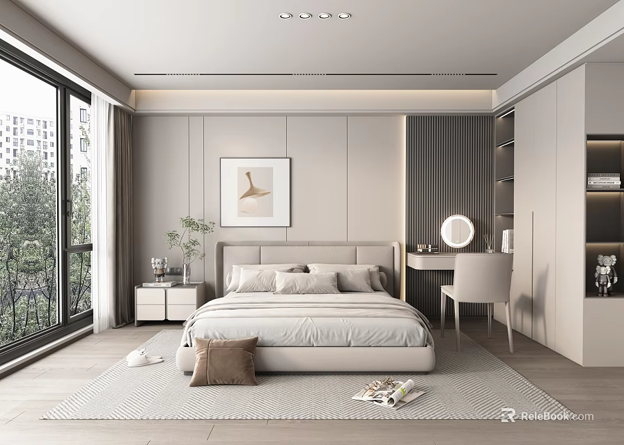 Modern Bedroom Interior With Large Bed Wall Art Dressing Table And Floor to Ceiling Windows 3d model