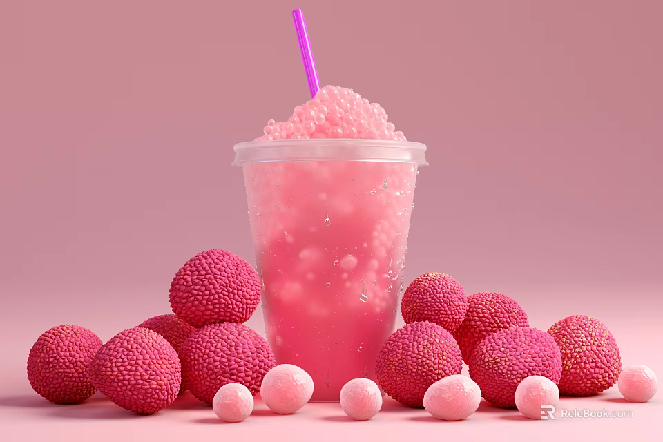 Refreshing Pink Drink with Bubble Pearls and Fresh Lychee Around Clear Cup 3d model 