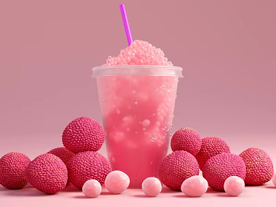 Refreshing Pink Drink with Bubble Pearls and Fresh Lychee Around Clear Cup 3d model