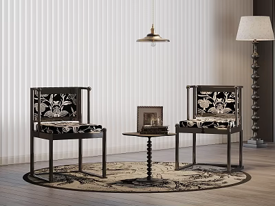 Dining Table Set with Two Patterned Black Chairs and Small Round Table on Round Rug 3d model