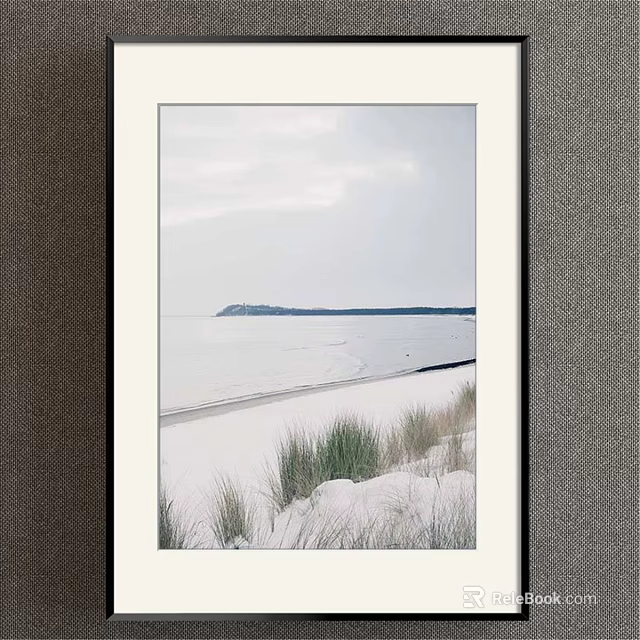 Serene Landscape Painting of Sand Beach Dune Grass Distant Island Calm Sea Under Cloudy Sky 3d model 