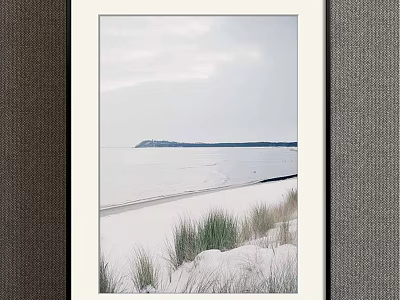 Serene Landscape Painting of Sand Beach Dune Grass Distant Island Calm Sea Under Cloudy Sky 3d model