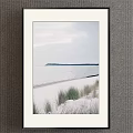 Serene Landscape Painting of Sand Beach Dune Grass Distant Island Calm Sea Under Cloudy Sky