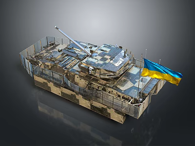 Detailed Camouflaged Armored Military Vehicle Featuring Cannon And Blue Yellow Flag 3d model