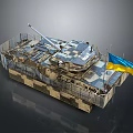 Detailed Camouflaged Armored Military Vehicle Featuring Cannon And Blue Yellow Flag