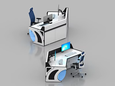 Modern Office Desk Design With Blue Chair Computer Monitor And White Black Finish 3d model