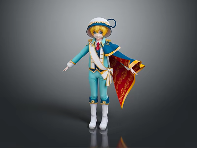Detailed Game Movie Character In Blue White Outfit With Red Cape And Hat 3d model
