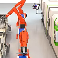 Advanced Industrial Equipment Featuring Orange Robotic Arms Automated Production Line And Blue Workbenches
