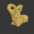 Golden Ram Sculpture With Spiral Horns In Reclining Pose On Dark Reflective Surface