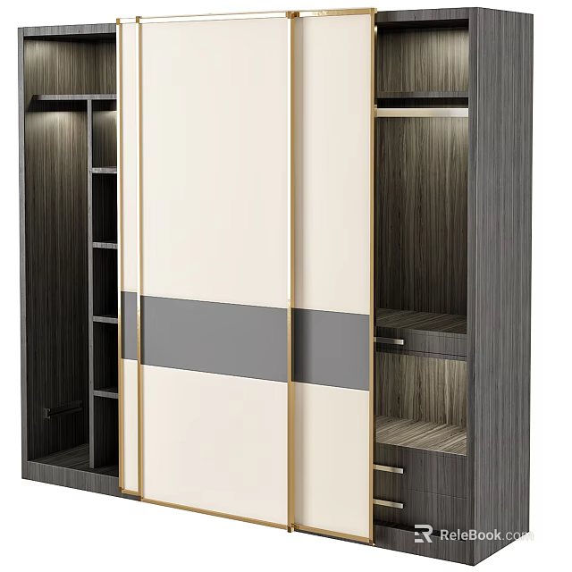 Modern Wardrobe With Sliding Doors Wooden Texture Shelf And Drawer Interior Design 3d model 