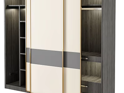 Modern Wardrobe With Sliding Doors Wooden Texture Shelf And Drawer Interior Design 3d model