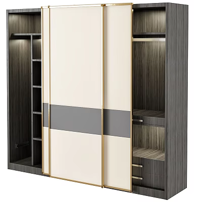 Modern Wardrobe With Sliding Doors Wooden Texture Shelf And Drawer Interior Design 3d model