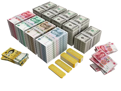 Exquisite Jewelry Collection Displayed With Gold Bars And Currency Stacks 3d model