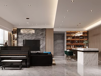 Living Dining Room Interior With Black Piano Sofa Wine Cabinet Marble Bar Counter And Chandelier 3d model