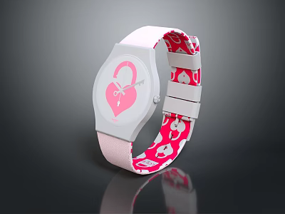 Fashionable Pink Strap Watch With White Dial Heart Design And Key Element 3d model