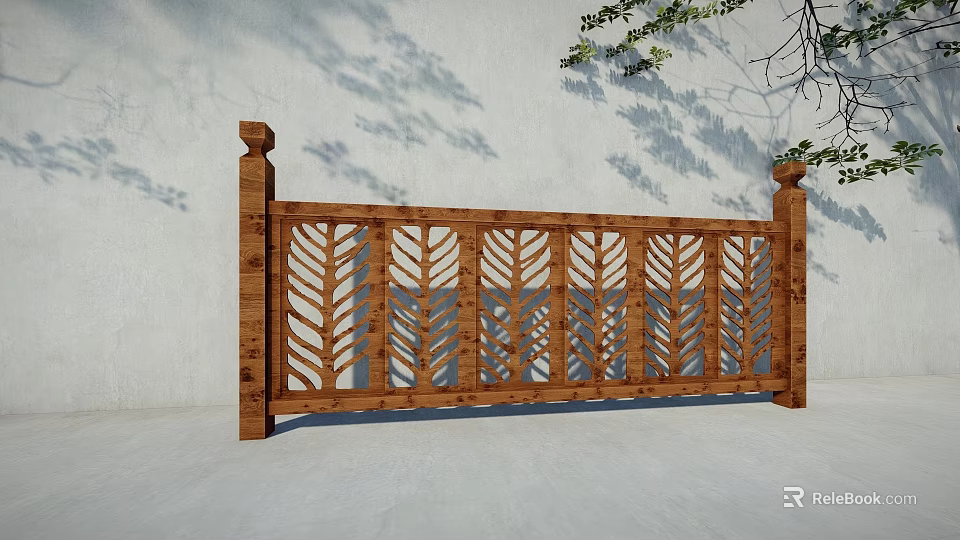 Wooden Garden Fence Ornament With Leaf Shaped Cutouts Against Light Wall And Tree Leaf Shadows 3d model 
