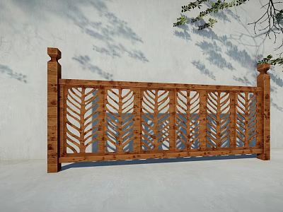 Wooden Garden Fence Ornament With Leaf Shaped Cutouts Against Light Wall And Tree Leaf Shadows 3d model