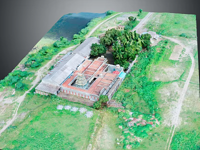 Aerial View of Ancient Architecture with Red Roof Surrounded by Green Grass and Trees 3d model