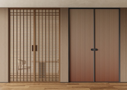 Antique double door sliding door minimalist door rattan door retro double door 3d model