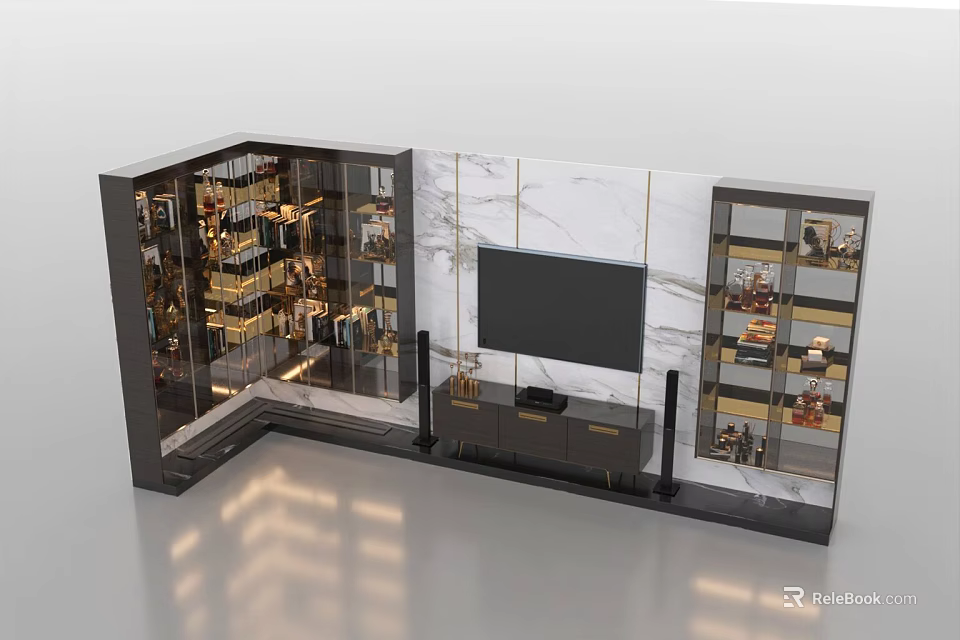 Elegant Modern TV Wall Design With Marble Panel Dark Cabinets Glass Display Shelves And Decorations 3d model 