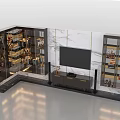 Elegant Modern TV Wall Design With Marble Panel Dark Cabinets Glass Display Shelves And Decorations