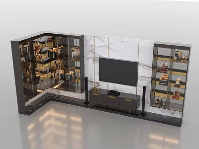 Elegant Modern TV Wall Design With Marble Panel Dark Cabinets Glass Display Shelves And Decorations 3d model
