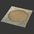 Rustic Grid Patterned Manhole Cover On Square Pavement Slab With Metal Frame And Weathered Surface 3d model