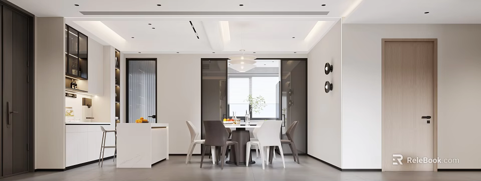 Modern Dining and Living Room Interior With Open Layout Dining Table Chairs And Pendant Lighting 3d model