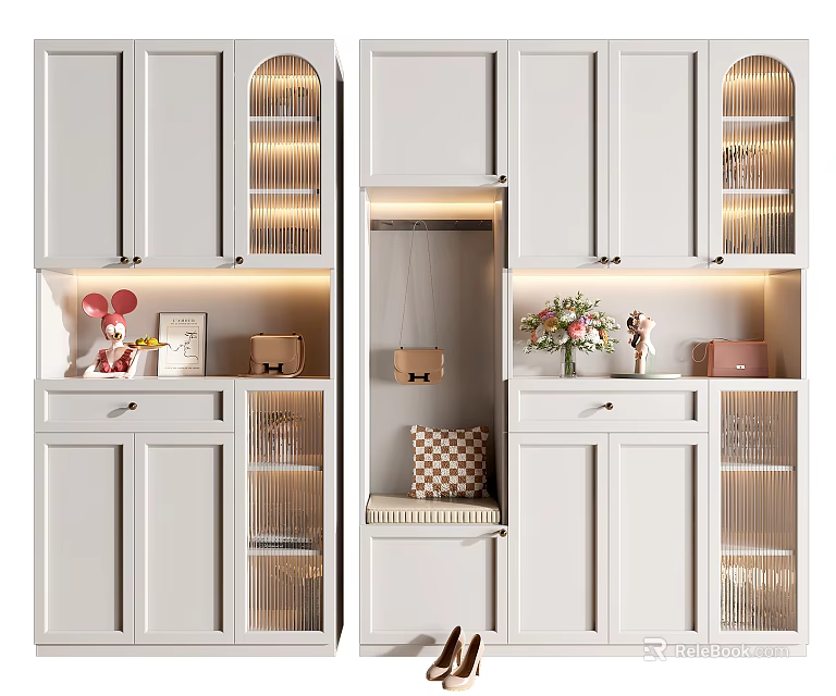 Modern Home Shoe Cabinet With Glass Doors LED Lighting Shoe Bench And Decorative Storage Space 3d model 