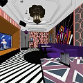 KTV Interior Design With Purple Sofas Chandelier Black White Striped Floor And TV Screens