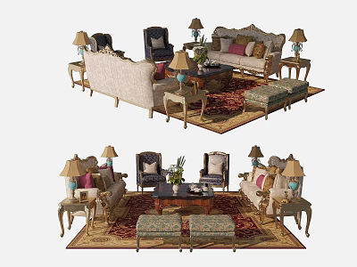 Elegant Traditional Sofa and Coffee Table Set With Area Rug Table Lamps and Cushions 3d model