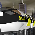 Modern Bullet Train With White And Yellow Exterior Moving Through City Skyscrapers
