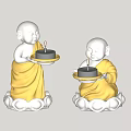 Golden And White Monk Figurine Candle Lamp Holding Tray With Lit Candle