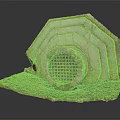 Decorative Garden Ornament Layered Stone Structure With Circular Grille Design And Moss Accents