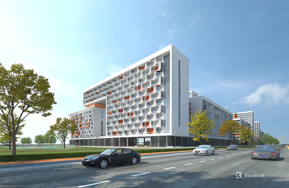 Modern Office Building With Patterned Facade And Urban Street Trees And Cars 3d model 