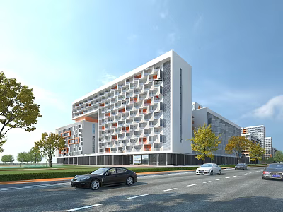 Modern Office Building With Patterned Facade And Urban Street Trees And Cars 3d model
