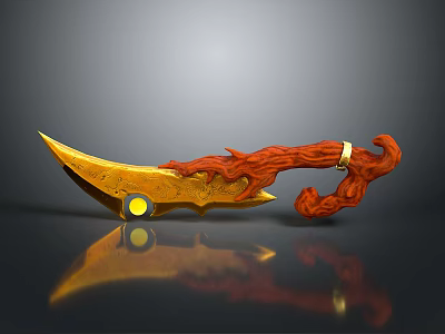 Mythical Weapon With Golden Blade Red Flame Hilt And Yellow Circular Ornament 3d model
