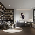 Modern Study Room Interior With Bookshelves Books Armchair Round Rug Desk Lamp And Large Window