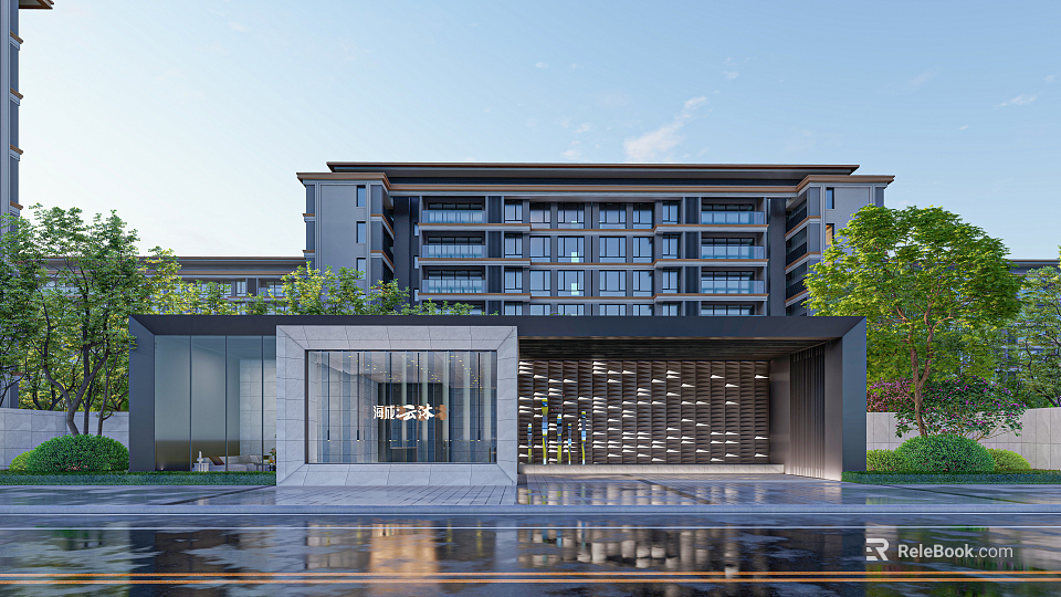 Multi Story Modern Residential Entrance Gate With Glass Facade Stone And Decorative Wall 3d model 