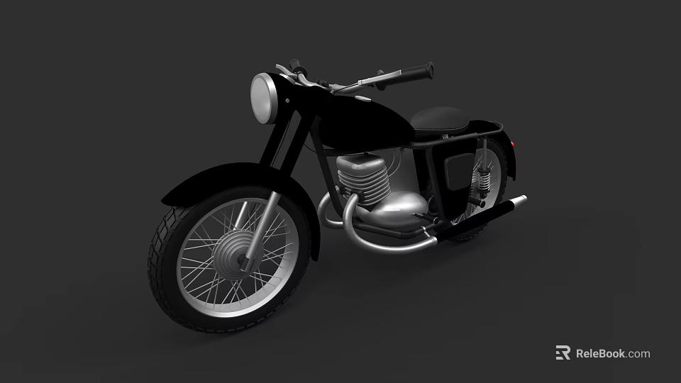 Vintage Black Motorcycle With Round Headlight Spoked Wheels And Silver Engine 3d model 