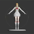 Woman With Blonde Hair In White Dress And Red Bow Tie Standing On White Base