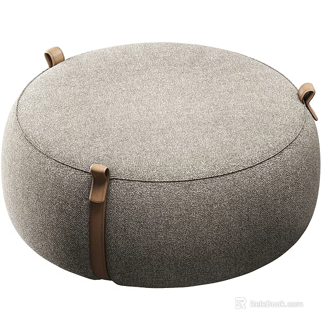 Round Gray Fabric Ottoman with Brown Leather Straps for Living Space 3d model 