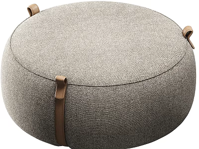 Round Gray Fabric Ottoman with Brown Leather Straps for Living Space 3d model