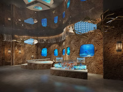 Ocean Themed Restaurant Interior With Rock Walls Aquarium Windows Starfish Decorations And Display Cases 3d model