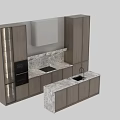 Modern Kitchen Interior With Marble Countertop Island Built-in Oven And Wooden Cabinets