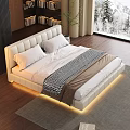 Double Bed With White Leather Headboard Underbed Lighting Bookshelf By Arched Window Snowy Mountains View
